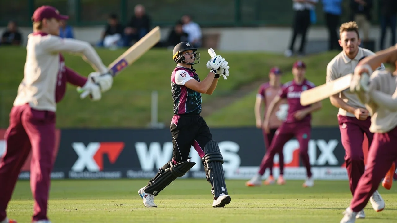 Medium tactical view of the field placement during The Hundred Women's 2026 with bowler, batter and close fielders in frame at Kennington Oval