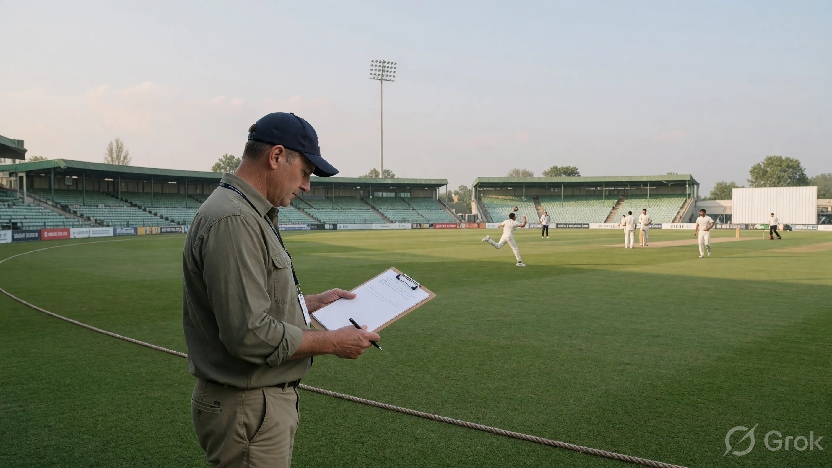 Cricket player in batting action during a match as an analyst studies likely fantasy roles
