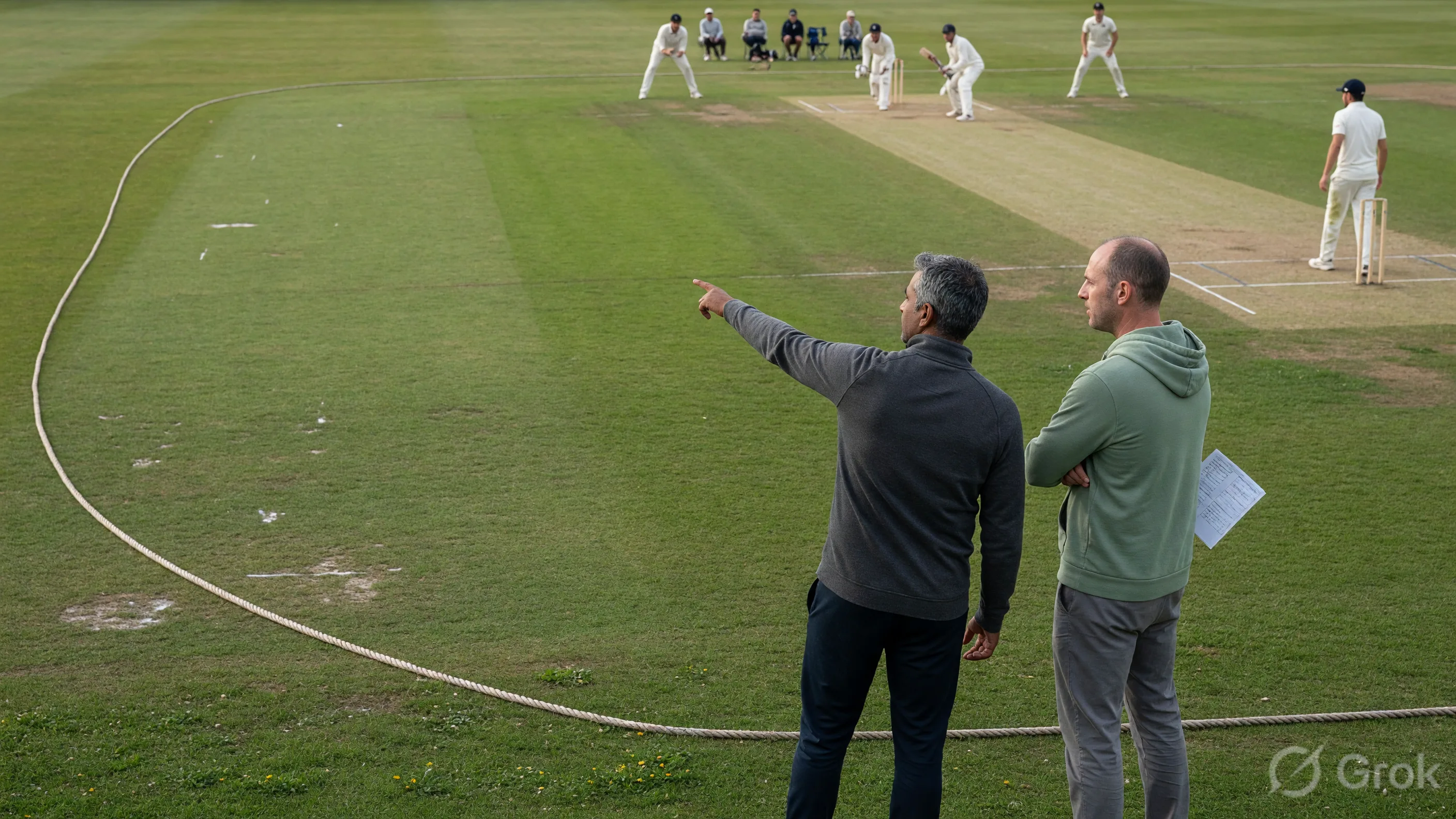 Cricket field being arranged as players and analysts assess pitch conditions before a match